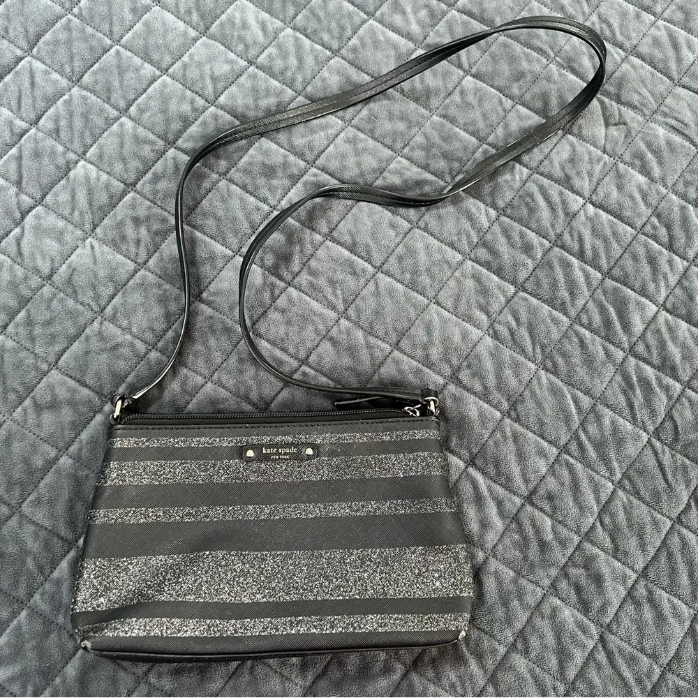 Kate Spade Crossbody Purse Bag Black Shimmery Sparkle Stripe Small Rectangle